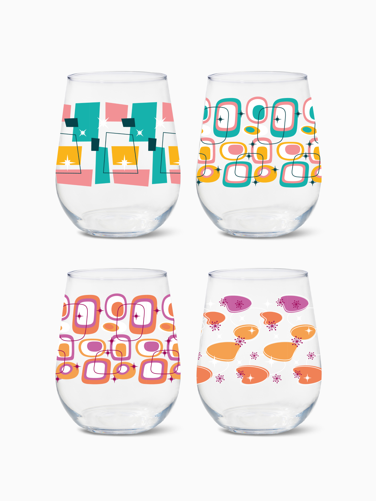 Mid-Century Retro Pattern - 16oz Stemless Wine Tritan™ Glasses
