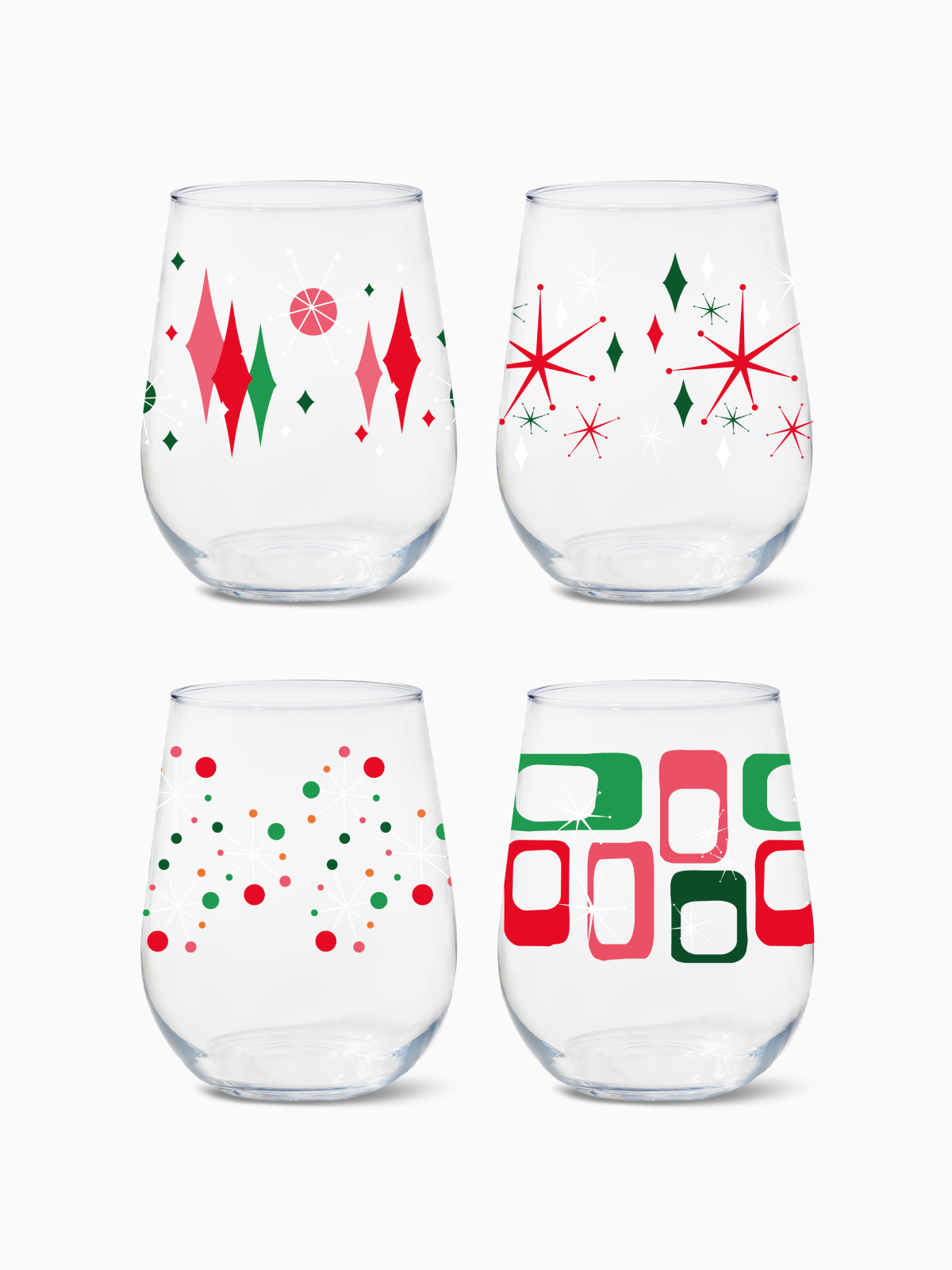 Retro Festive Pattern - 16oz Stemless Wine Tritan™ Glasses
